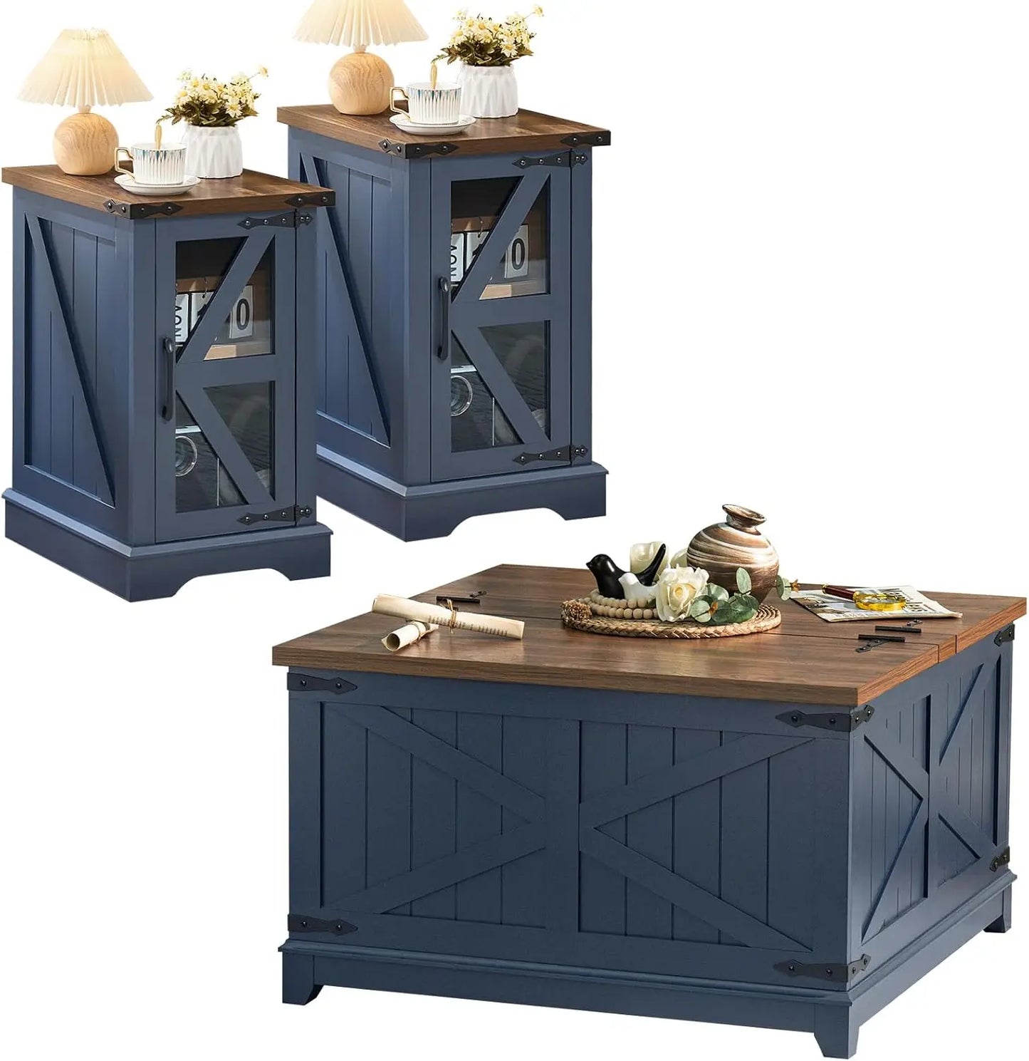 Farmhouse Wood Coffee Table Set With Glass Barn Door Furniture