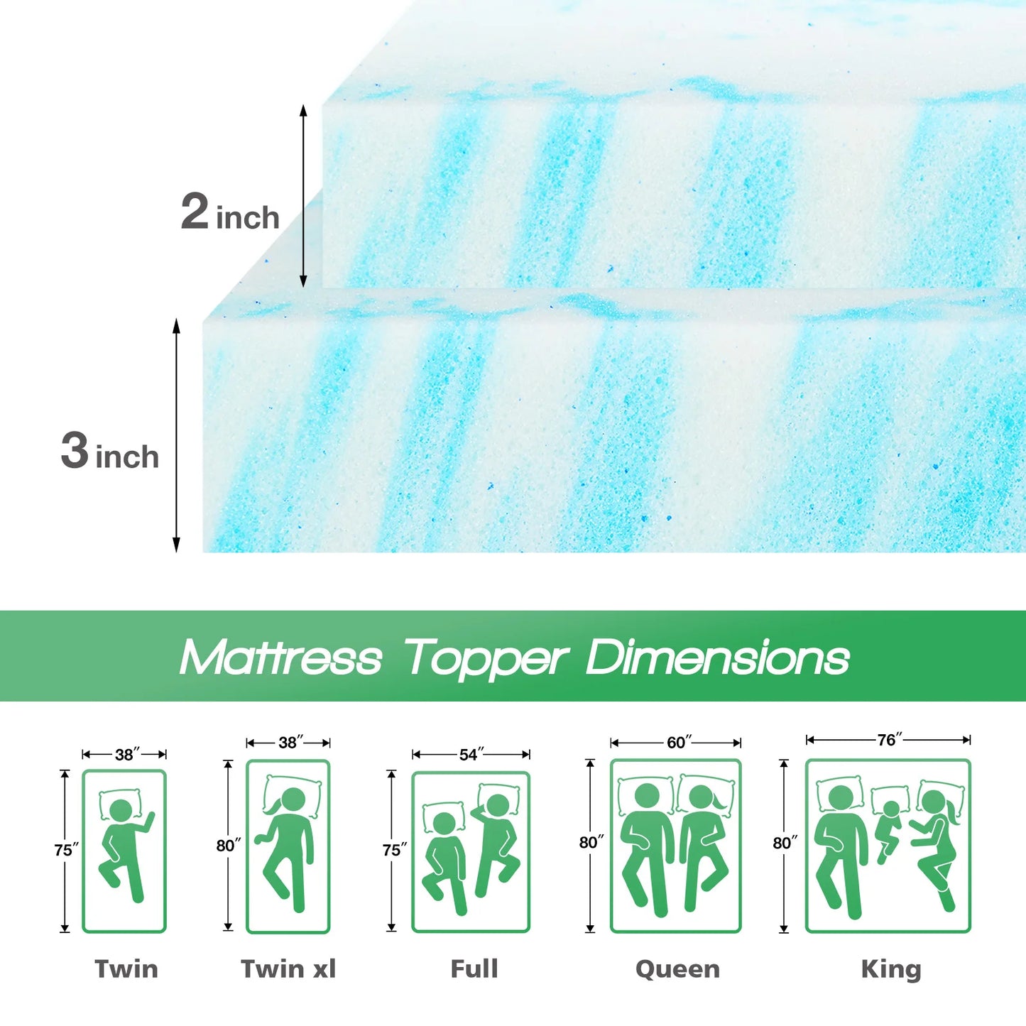 JHK Gel Memory Foam Mattress Topper for Bed, Cooling Comfort
