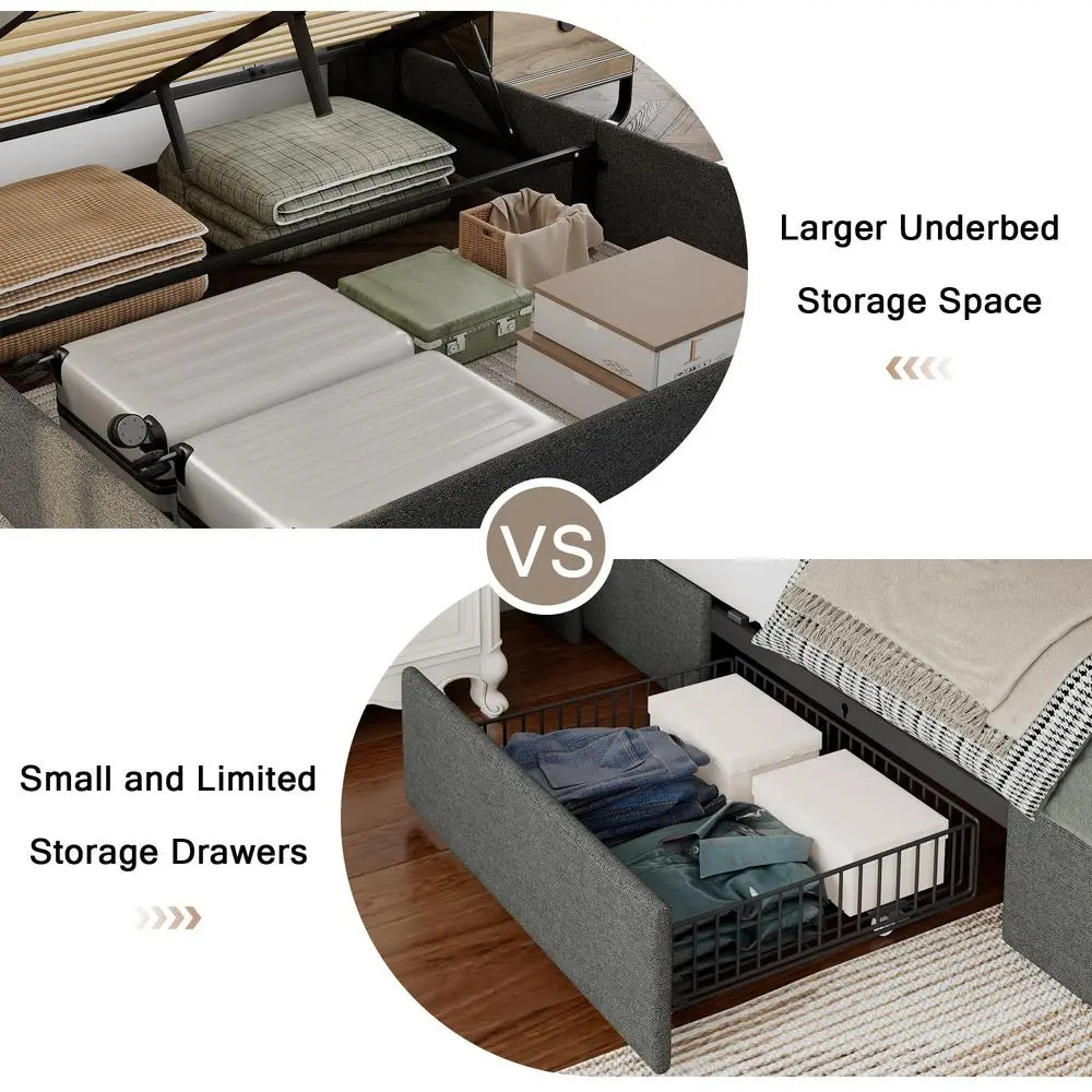 Queen Size Lift Up Storage Bed Frame with Charging Station, Upholstered Bed Frame with Storage, No Box Spring Needed, NoiseFree