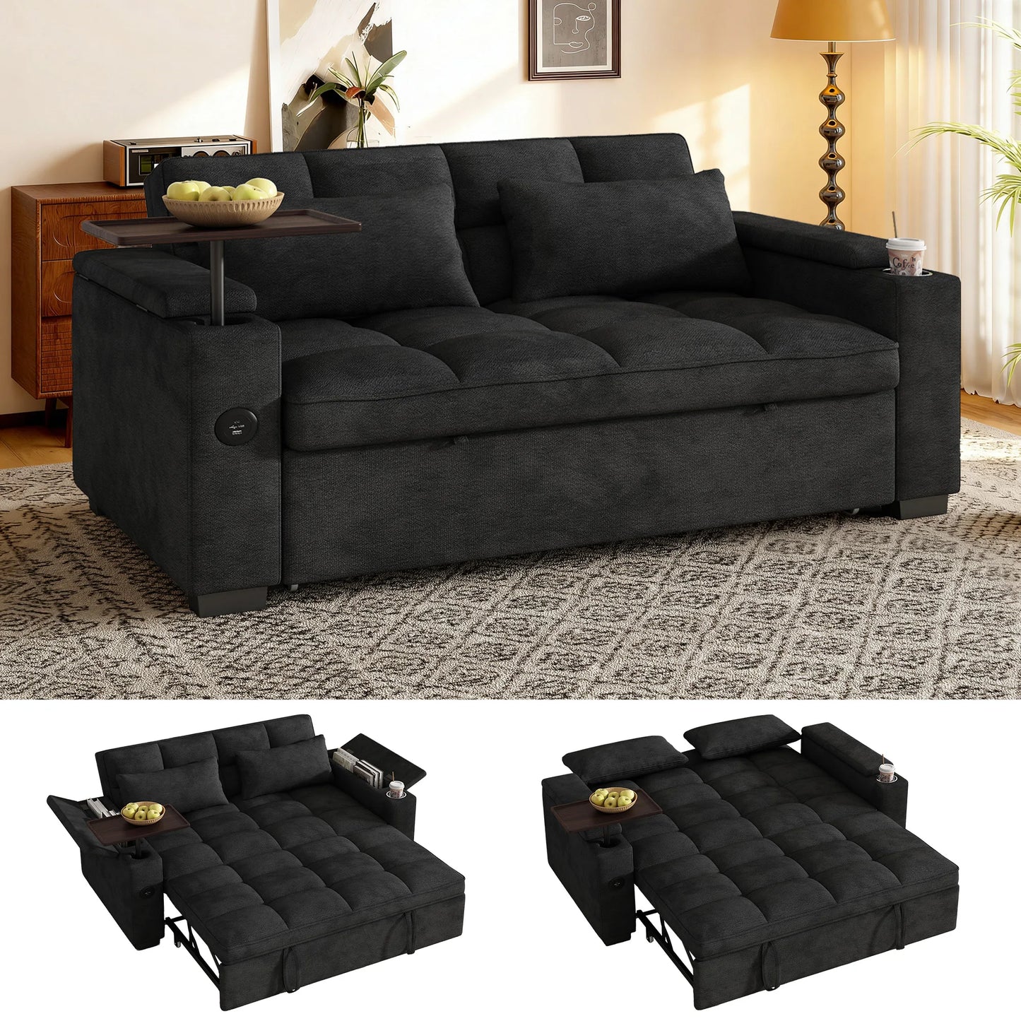 Convertible Folding Sofa Bed With Corduroy Fabric And USB Charging
