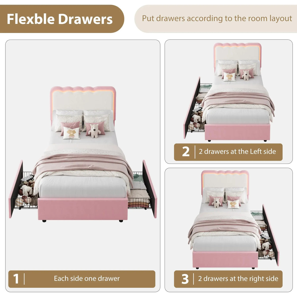 HiMiss Upholstered LED Bed Frame With Storage Drawers
