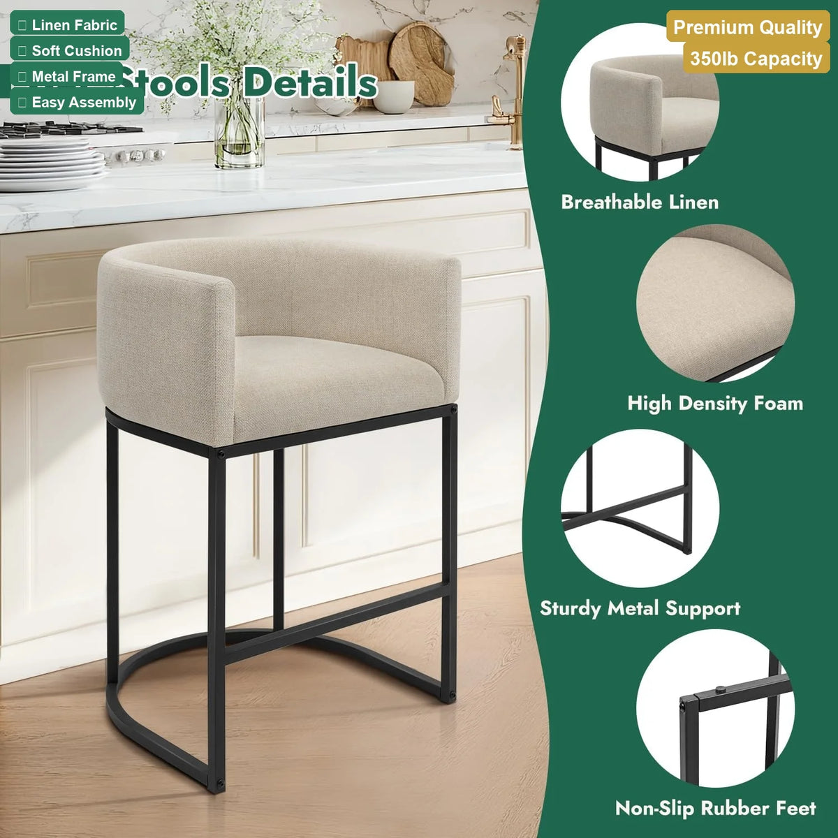 Upholstered Counter Height Bar Stools With Low Back Design