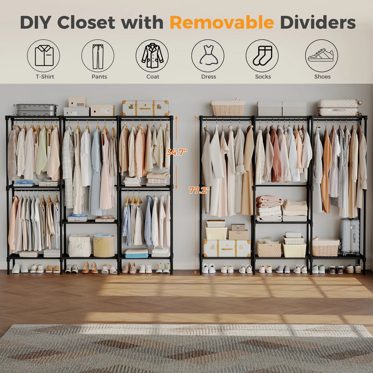 JHK Portable Three Row Wardrobe With Hanging Rods And Shelves