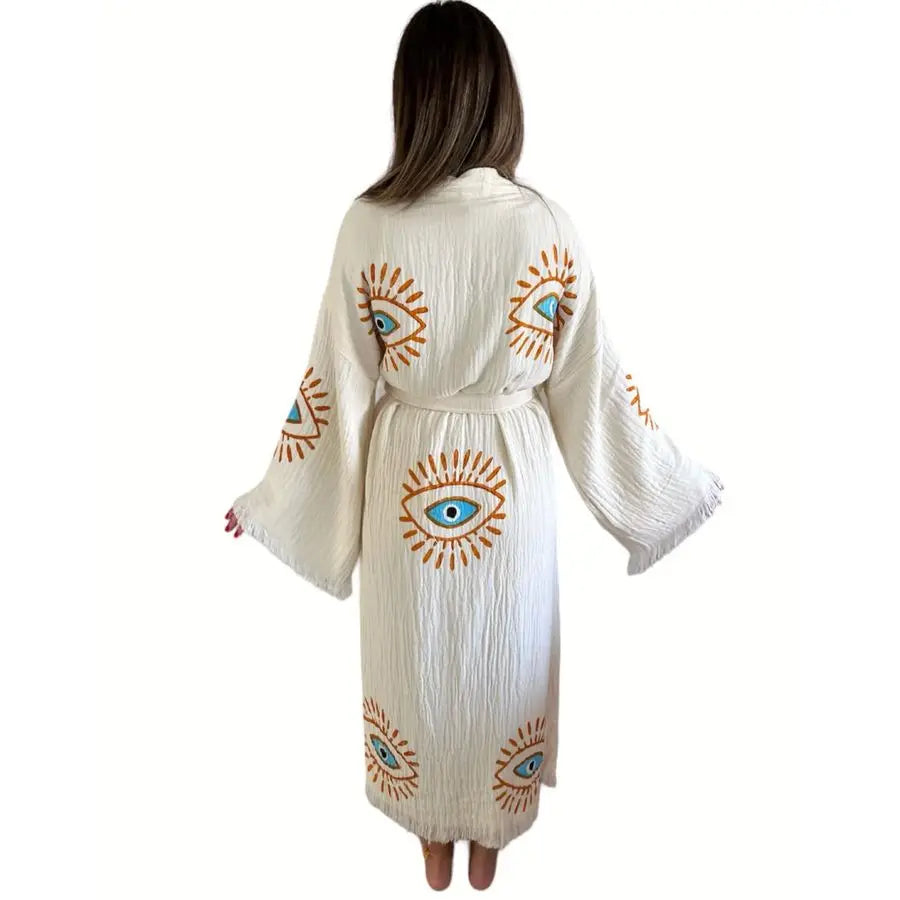 Evil Eye Kimono Beach Cover Up Boho Cotton Robe Festival