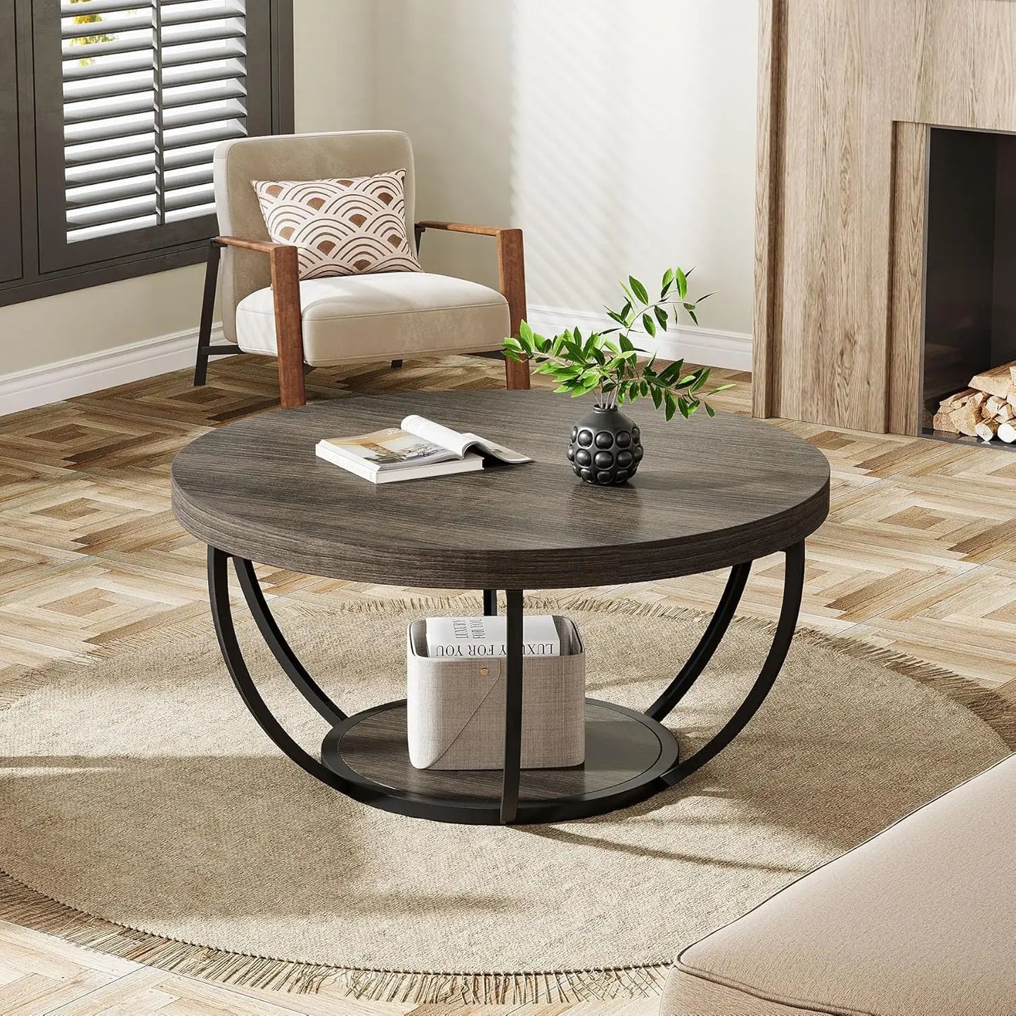 Little Tree Marble Circle Coffee Table With Open Storage And 2-Tier Metal Legs