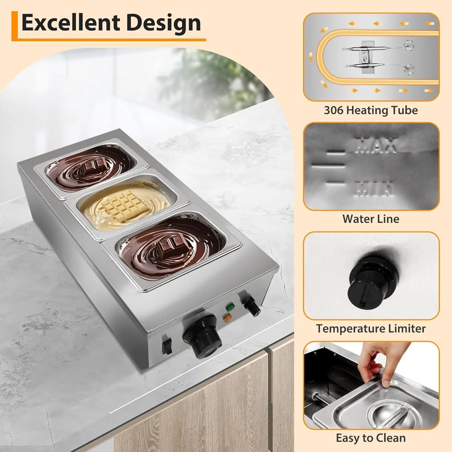 HiMISS 2-Tank Chocolate Melting Machine With Lid Stainless Steel