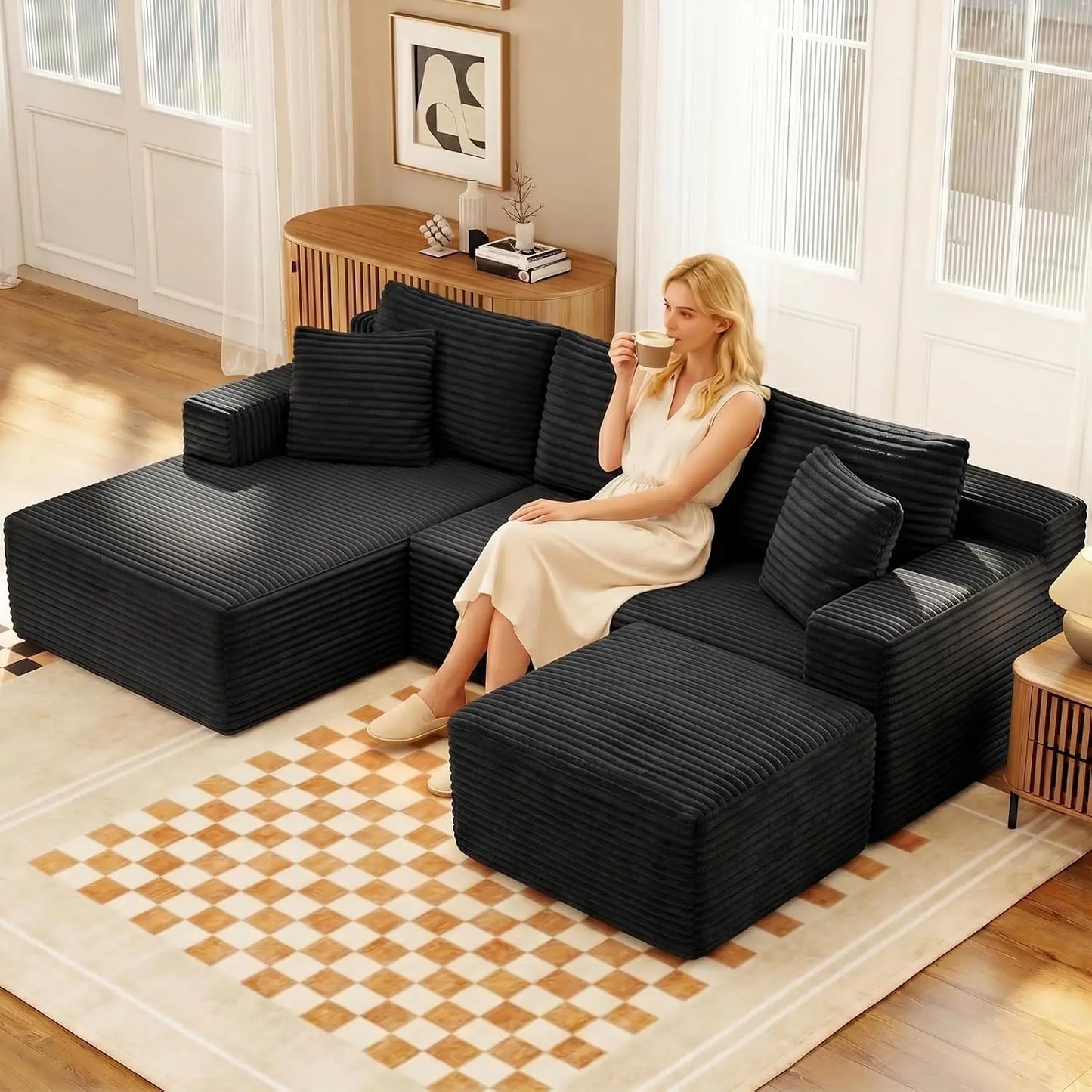 Modular Corduroy Sectional Sofa With Ottoman And Sleeper Design