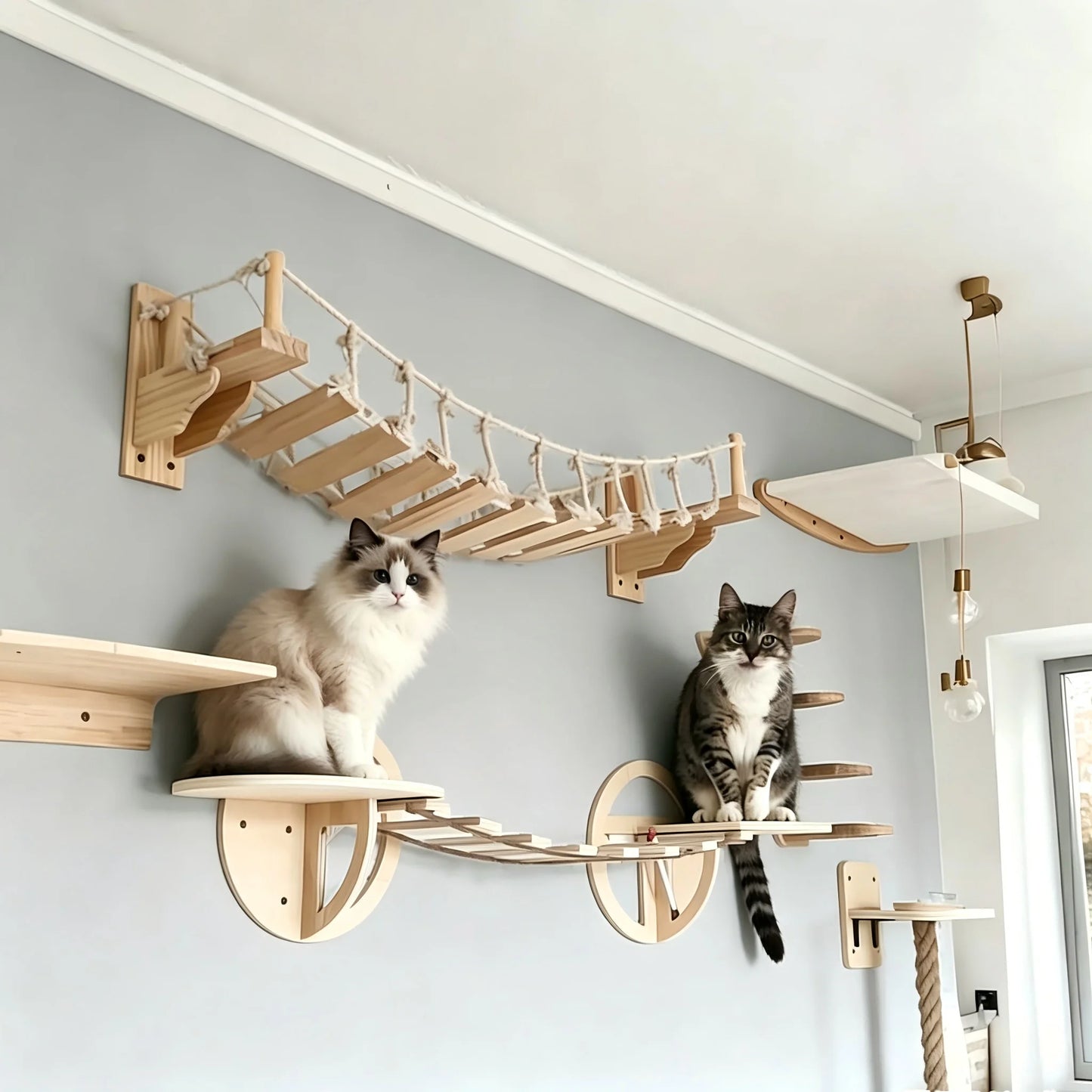 39.4In Wall-mounted Cat Roped Bridge for Indoor Cats Steps with Sisal Wall Wooden Furniture for Sleeping Playing Climbing