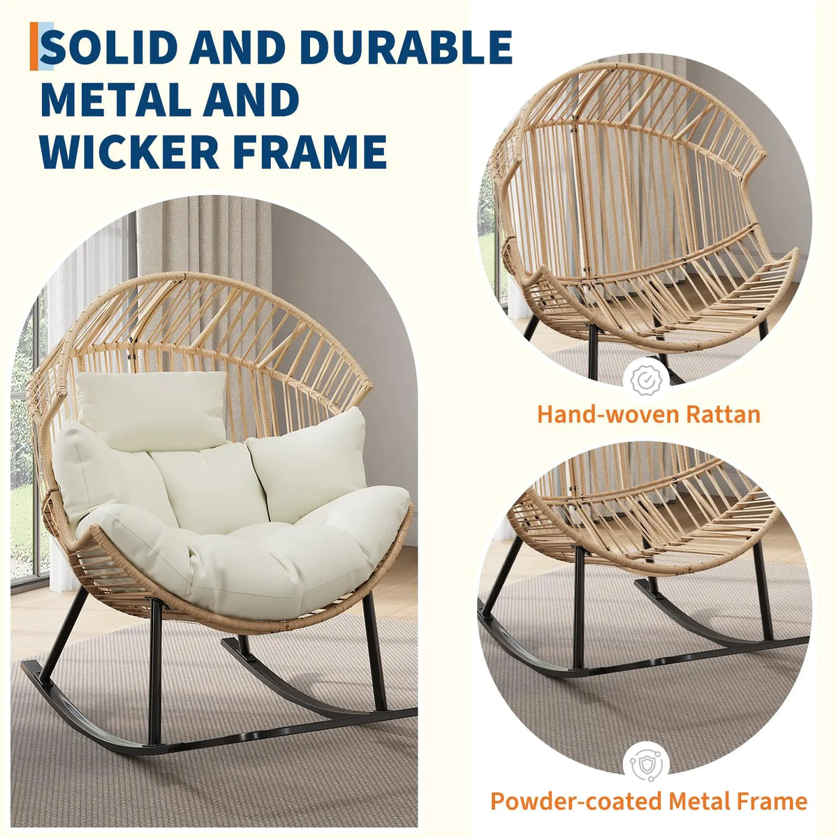 Papasan Rocking Chair Oversized Wicker Egg Lounge Seat With Soft 8'' Cushion, Ergonomic Rocker For Indoor Outdoor Patio Backyard
