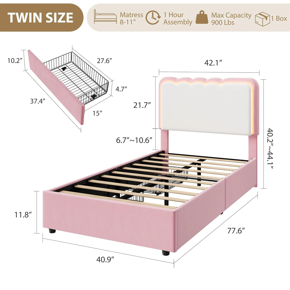 HiMiss Upholstered LED Bed Frame With Storage Drawers