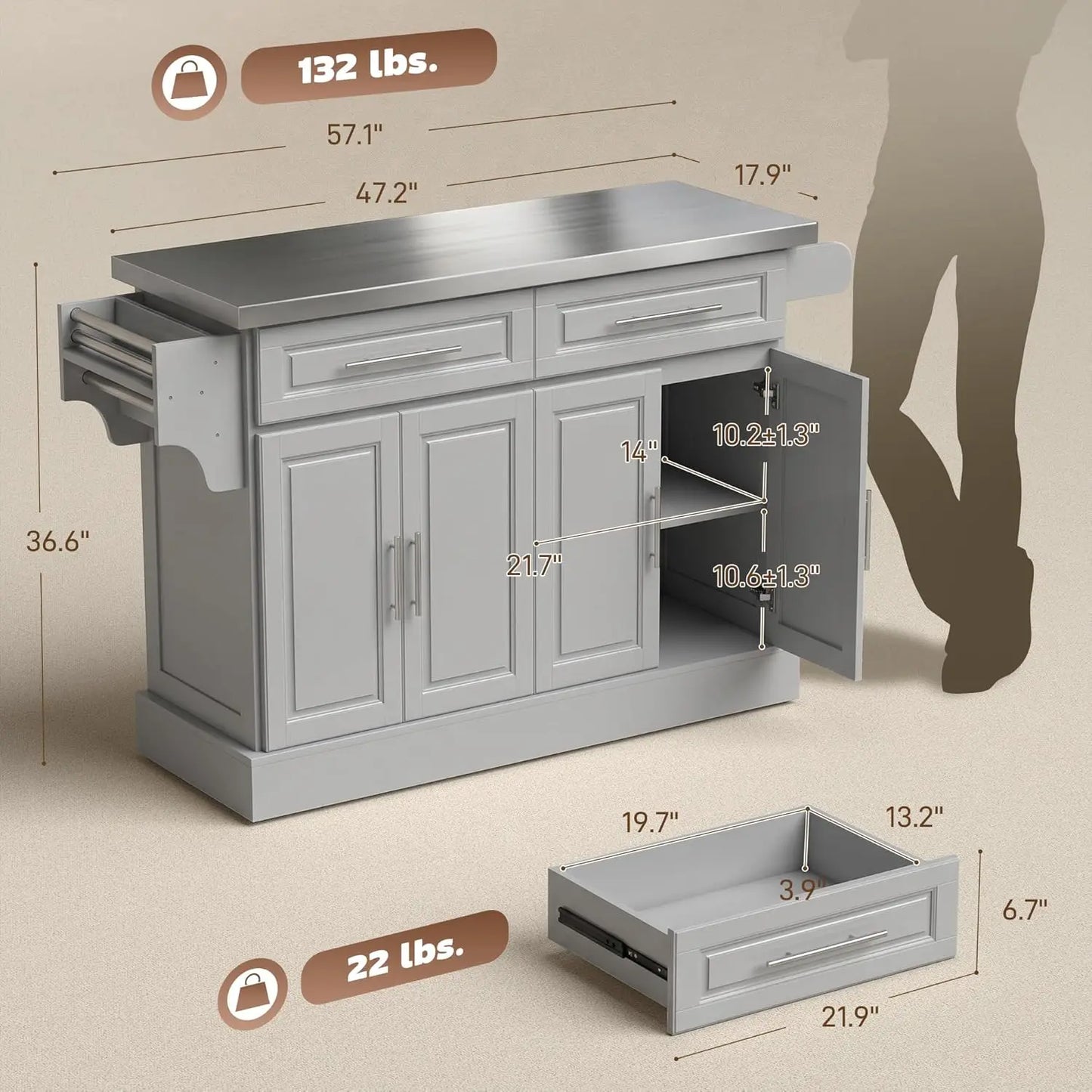 Rolling Kitchen Island Cart 47" Stainless Steel Top, Portable Table with Wheels Adjustable Shelves 2 Drawers Spice Knife Towel R