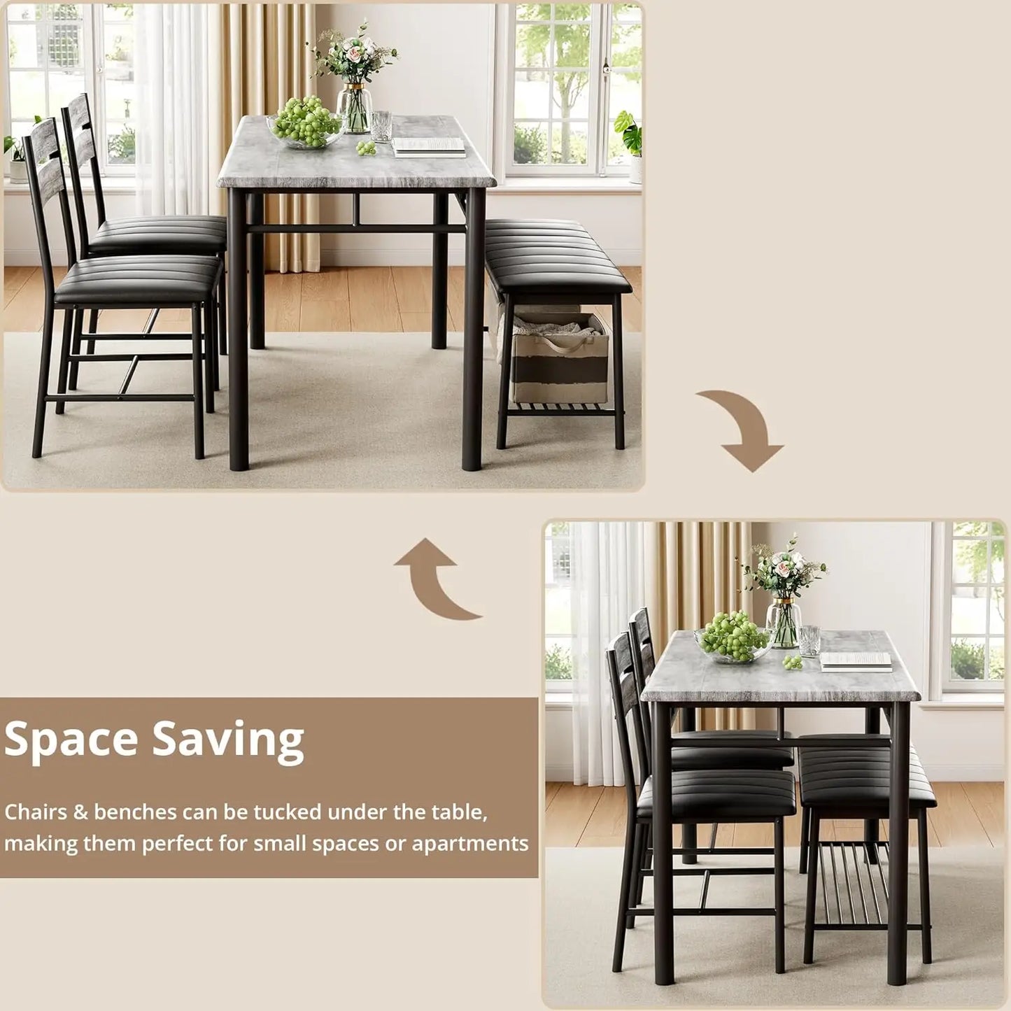 IRONCK Dining Table Set With Upholstered Bench And Two Chairs