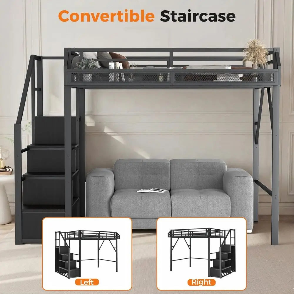 Space-Saving Bunk Bed with Storage Stairs, Wardrobe, and Metal Guardrail for Kids and Teens in Black