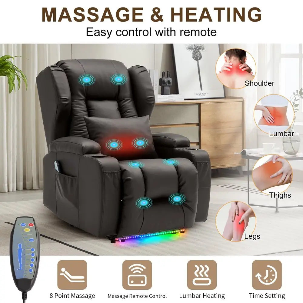Power Recliner Chair, Electric Wall Hugger Reclining Sofa with Massage amp Heat, Overstuffed Movie Theater Seating with LED USB