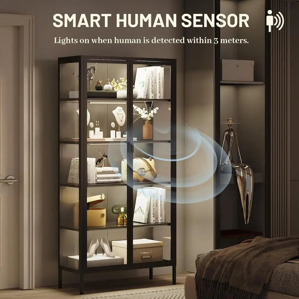 71 High Glass Display Cabinet with LED Sensor Lights, Adjustable Shelves for Living Room, Bedroom, or Kitchen