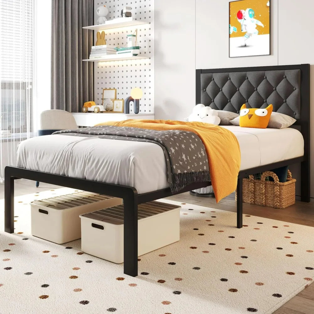 Fluest Linen Upholstered Twin Bed Frame With Headboard And Storage