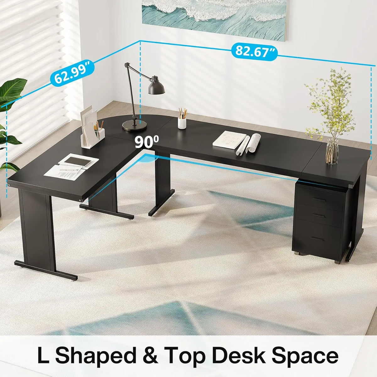 L Shaped Executive Desk with 3 Drawer File Cabinet Industrial Corner Computer Workstation for Home Office Black
