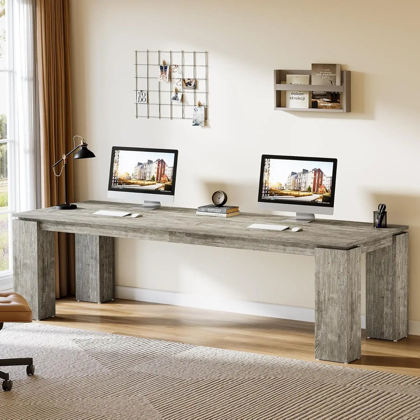 86-Inch Wood Two-Person Office Desk, Modern Double Computer Desk, Extra Long Workstation Table for Home Office, Customized