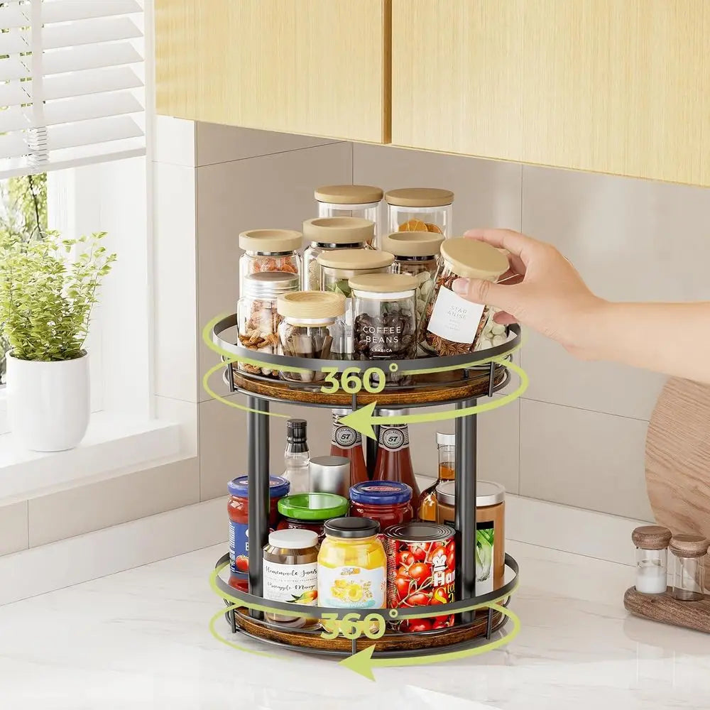 10 Wood Lazy Susan Spice Rack Organizer, 2 Tier Spice Organization, Countertop, Kitchen, Table Top, Pantry, Condiment and Season