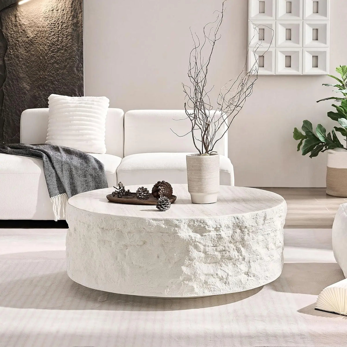 36" Oval Coffee Table, Modern Faux Stone Circle Center Table Accent Travertine Tea Table for Living Room, Magnesium, Customized