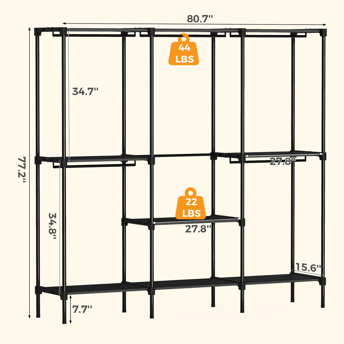 JHK Portable Three Row Wardrobe With Hanging Rods And Shelves