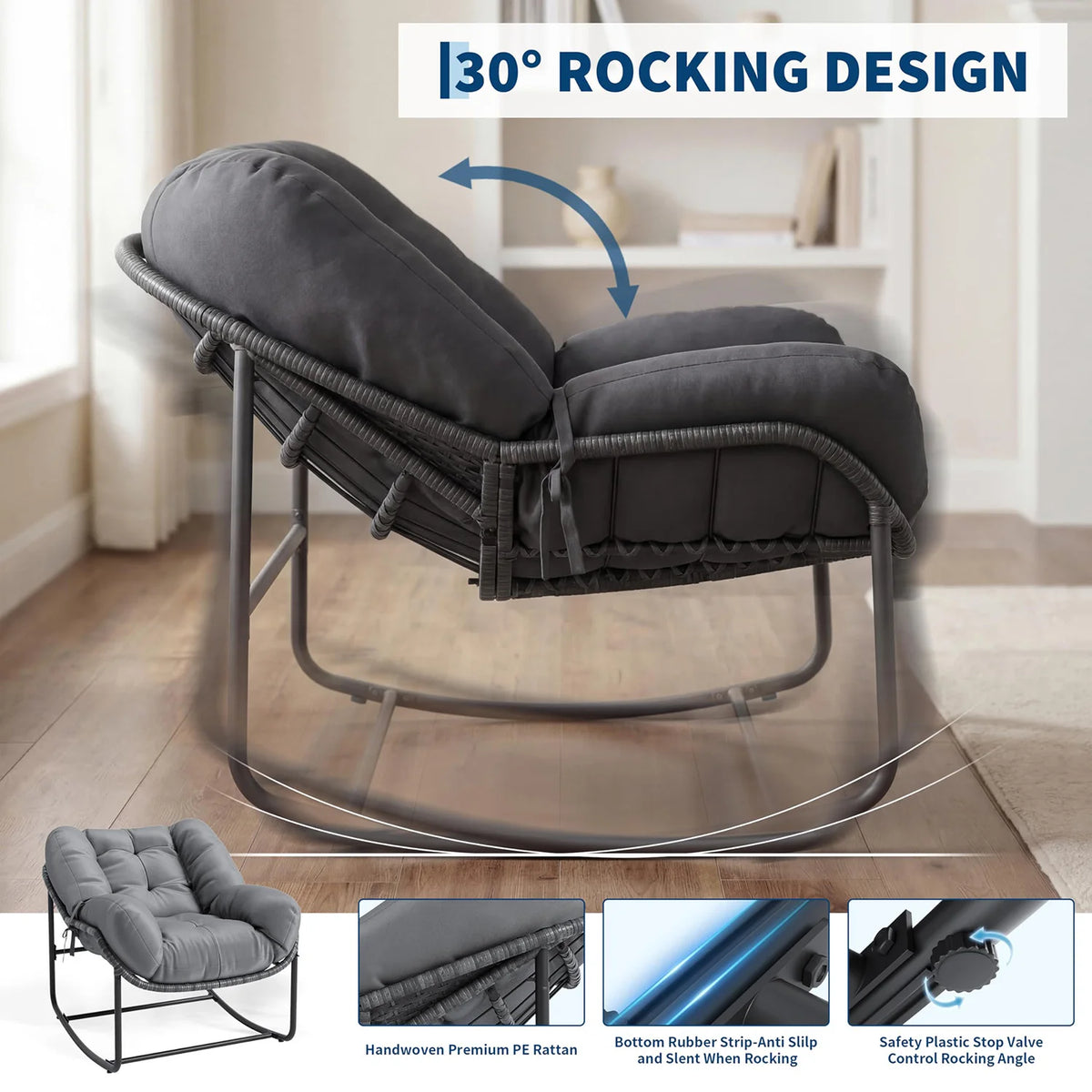 Papasan Rocking Chair With Thick Cushion, Outdoor Wicker Rattan Egg Chair, 450 lb Patio Lounge Rocker For Porch Balcony Indoor Use