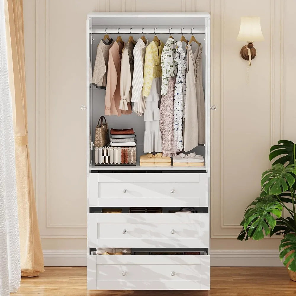 71" Wardrobe Closet with Mirror & Drawers, Large Storage Cabinet with Hanging Rod, 2 Doors, Wooden, for Bedroom