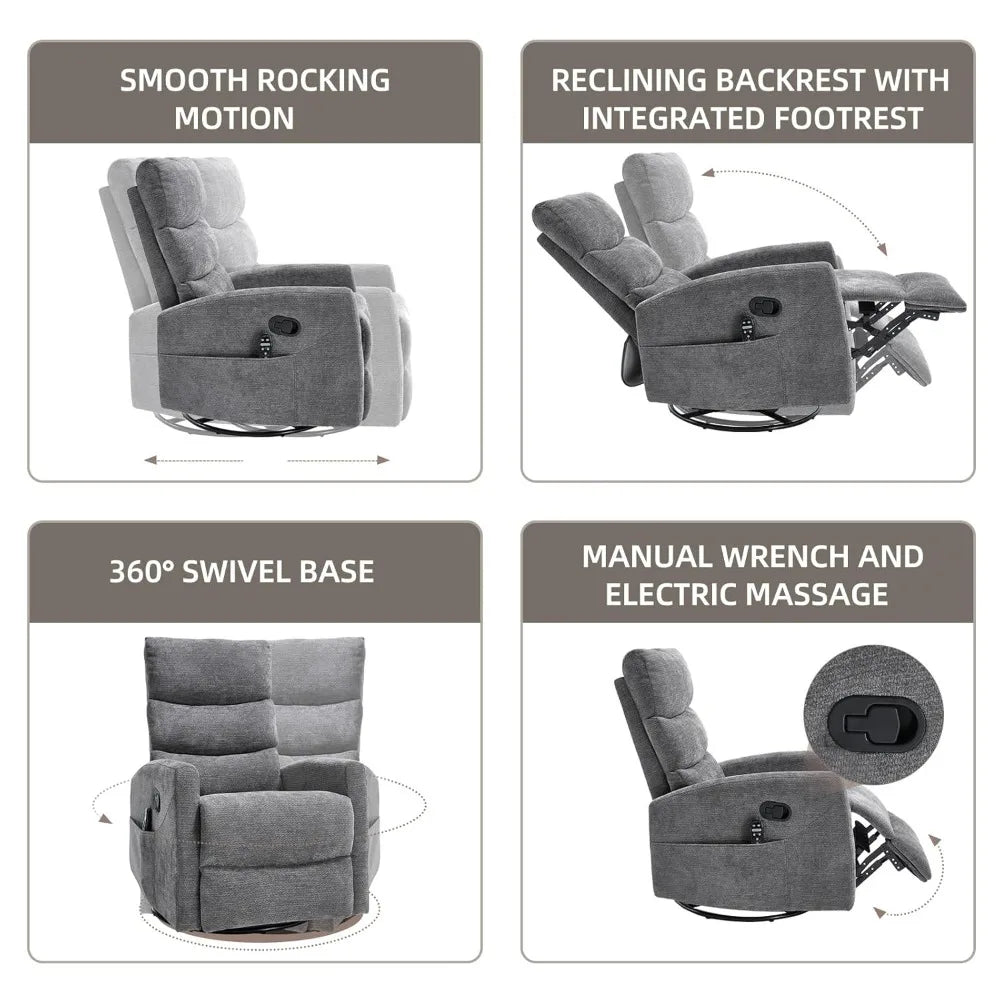 360° Swivel Rocker Recliner with Heat & Vibration Massage, Glider Rocking Chair for Adults, Compact Recliner for, Customized