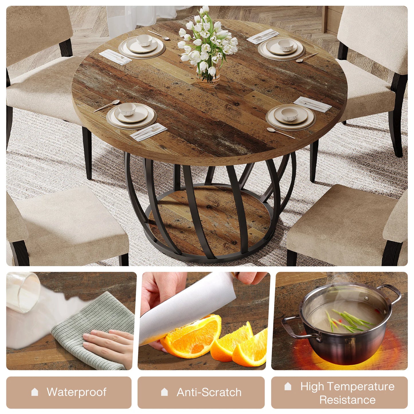 Tribesigns Round Wooden Dining Table With Sturdy Metal Base