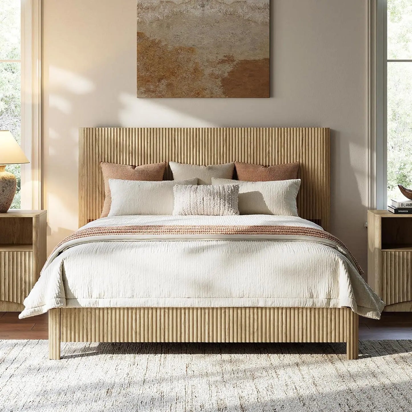 Walnut Queen Platform Bed Frame Fluted Mid Century Modern Boho No Box Spring Wavy Grooved Panel, Customized