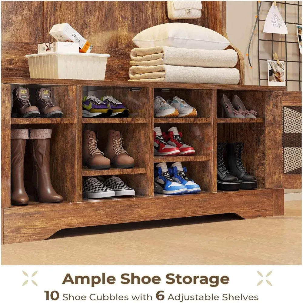 Bench and Shoe Storage, 5-in-1 Entryway Bench with Coat Rack, 10 Shoe Cubbies & 9 Coat Hooks, Barn Door & A