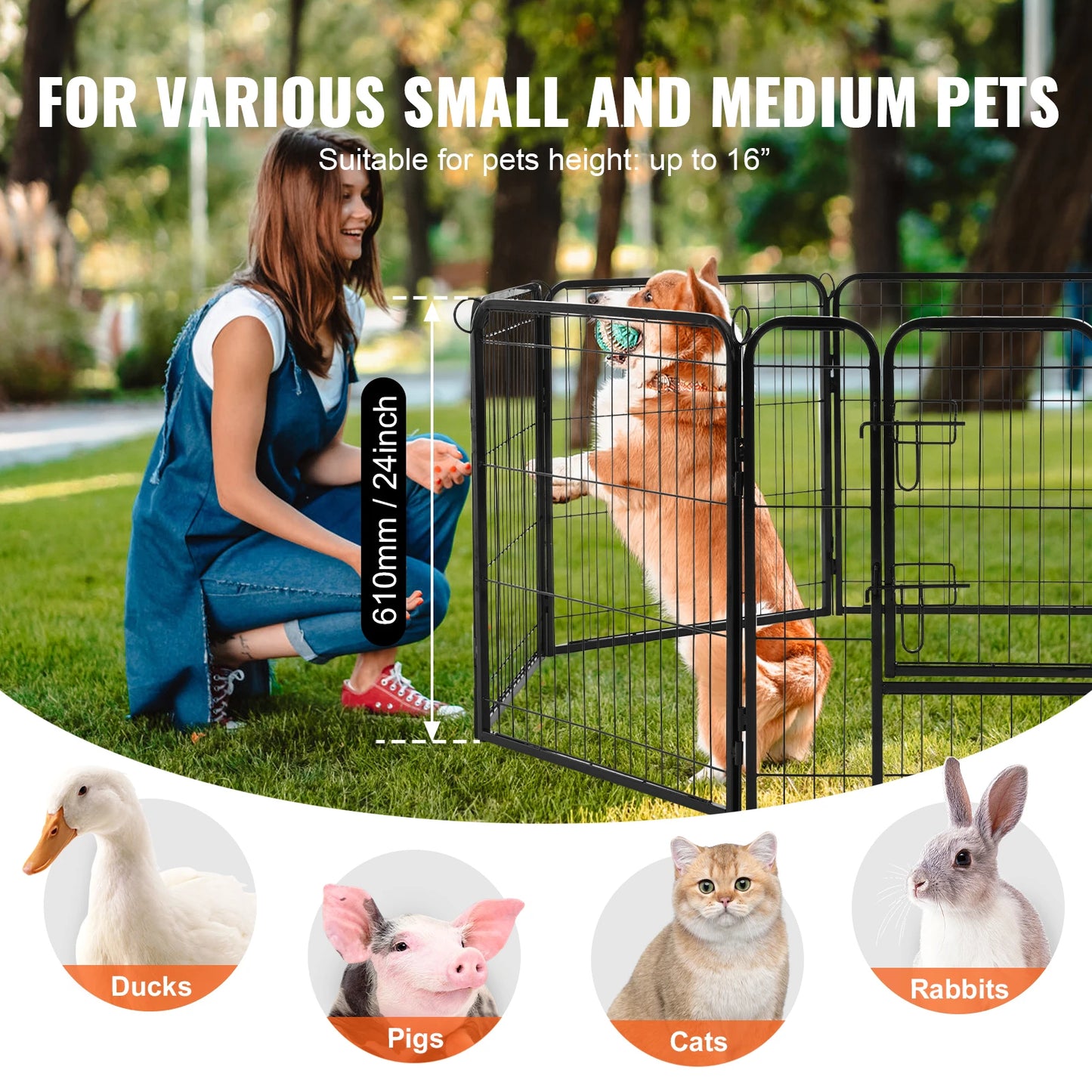 SucceBuy Dog Playpen 8 Pcs 24x24in Panels Foldable Metal Pet Exercise Pen Dog Fence Indoor Outdoor Pen with Door for Dogs, Cats