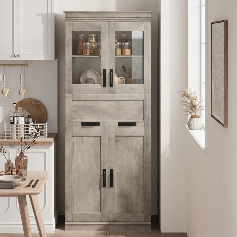 67 Tall Bathroom Cabinet with 4 Doors & Flip Glass Drawer, Storage Cabinet with Adjustable Shelves, Freestanding Organize