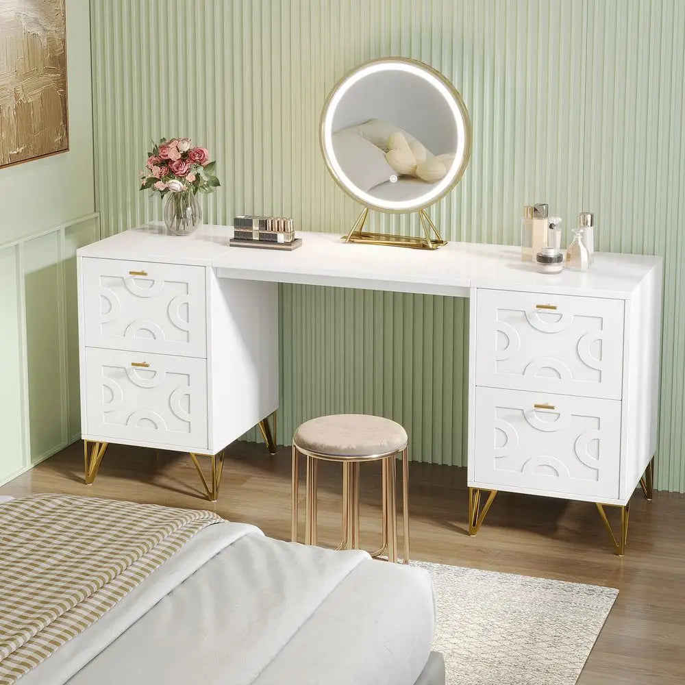 59Inch Makeup Vanity Desk with 4 Drawers, White Dressing Table with Storage, Modern Beauty Table Simple Home Office Computer De