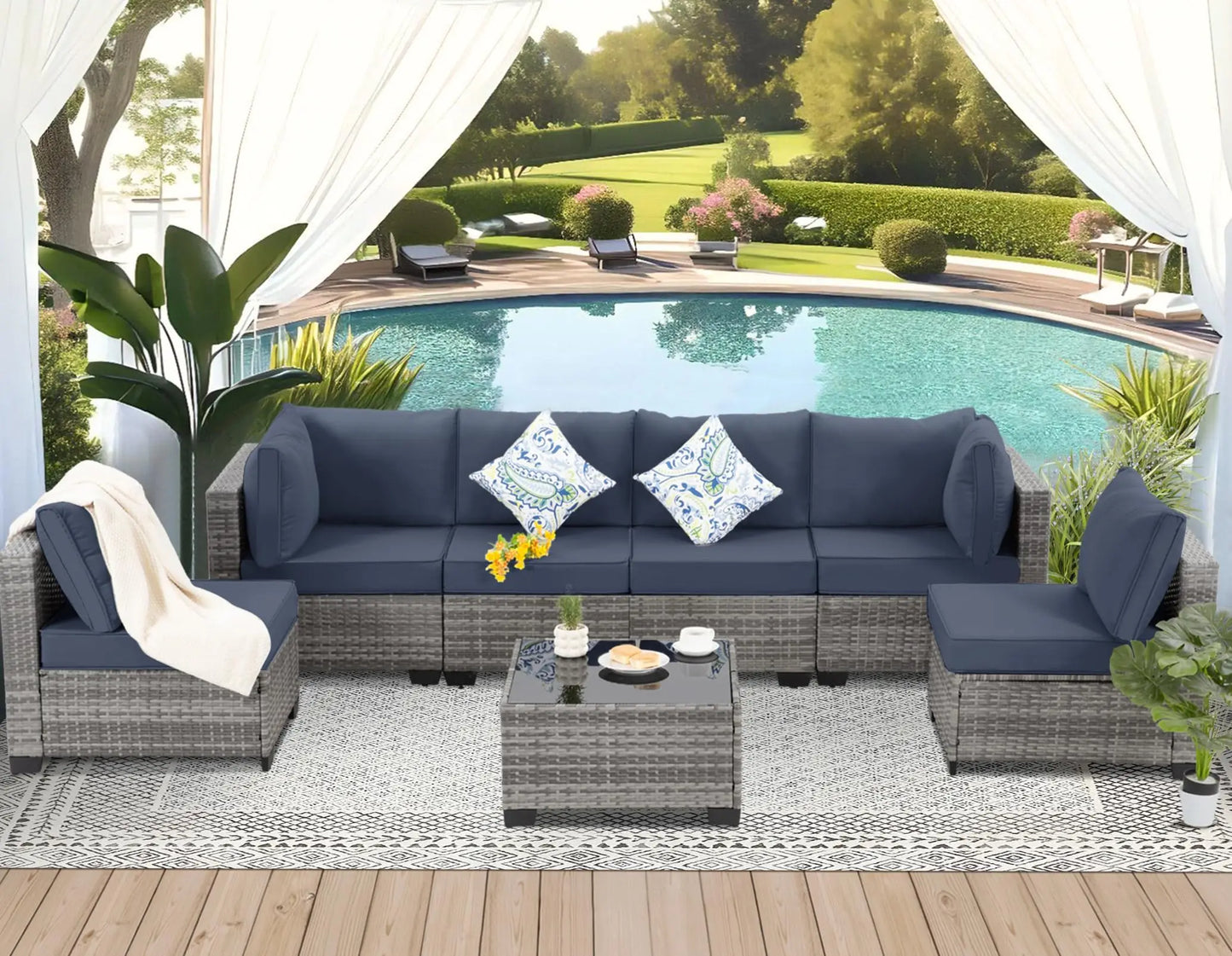 Seven Piece Outdoor Patio Wicker Sectional Rattan Sofa Set