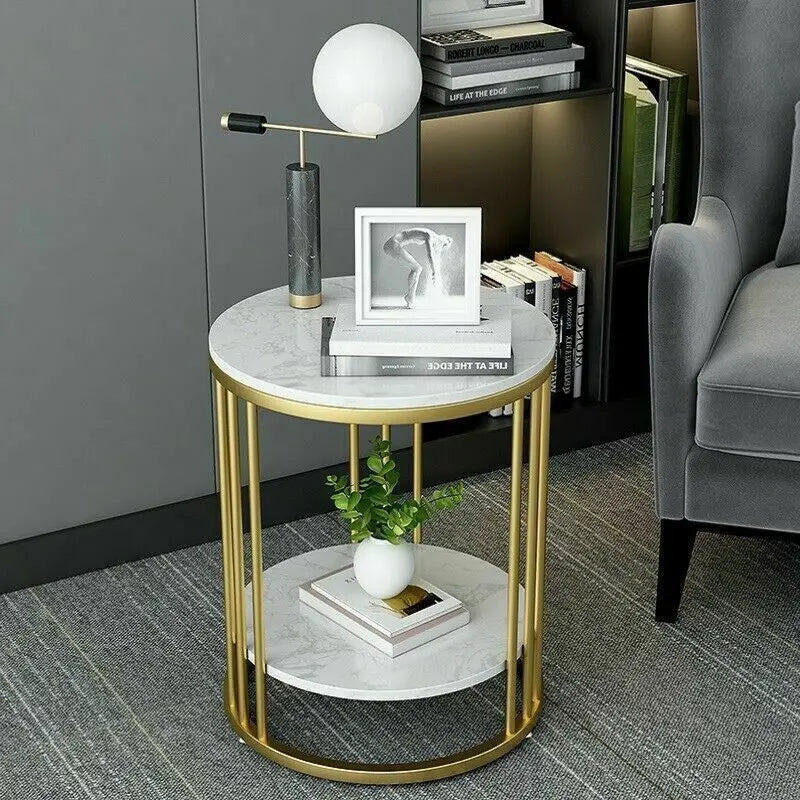 Wisfor 2-Tier White Marble Round Side Table For Living Room