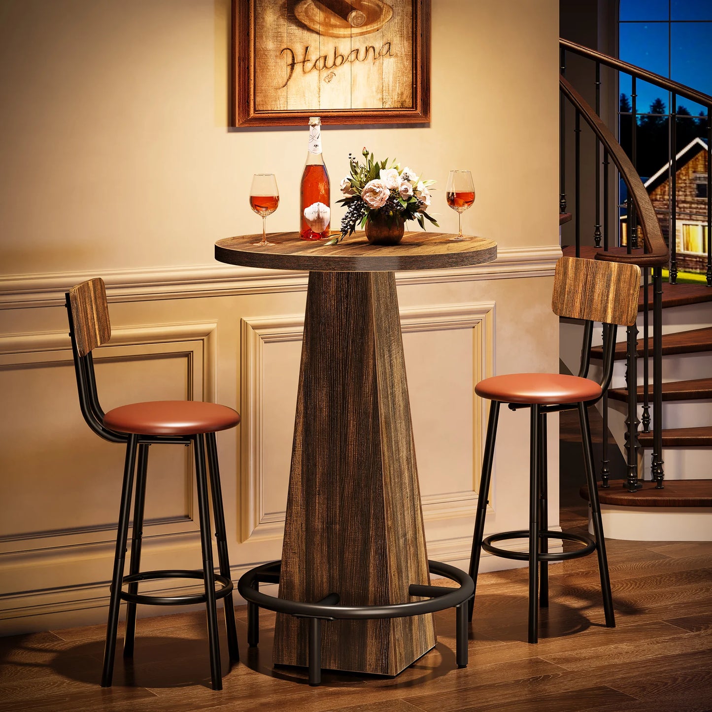 Tribesigns Round Bar Table, 37.4" High Pub Table with Metal Footrest, Drink Bar Station for Small Bars, Dining Room, Kitchen, Brown (Only Table)
