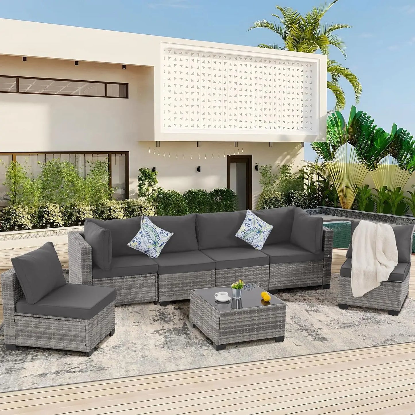 Seven Piece Outdoor Patio Wicker Sectional Rattan Sofa Set