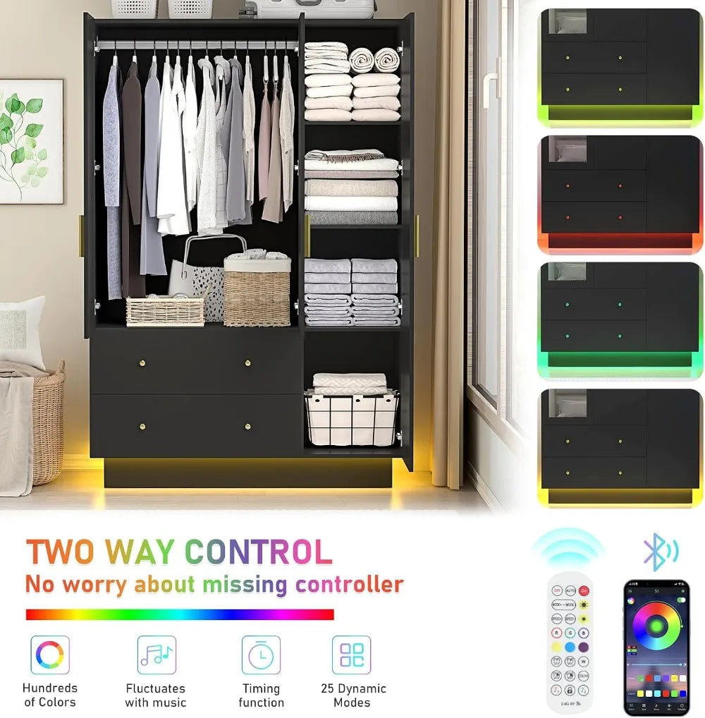 3 Door Wardrobe Closet with Mirror LED Lights, Bedroom Armoire with Drawers Shelves, Black