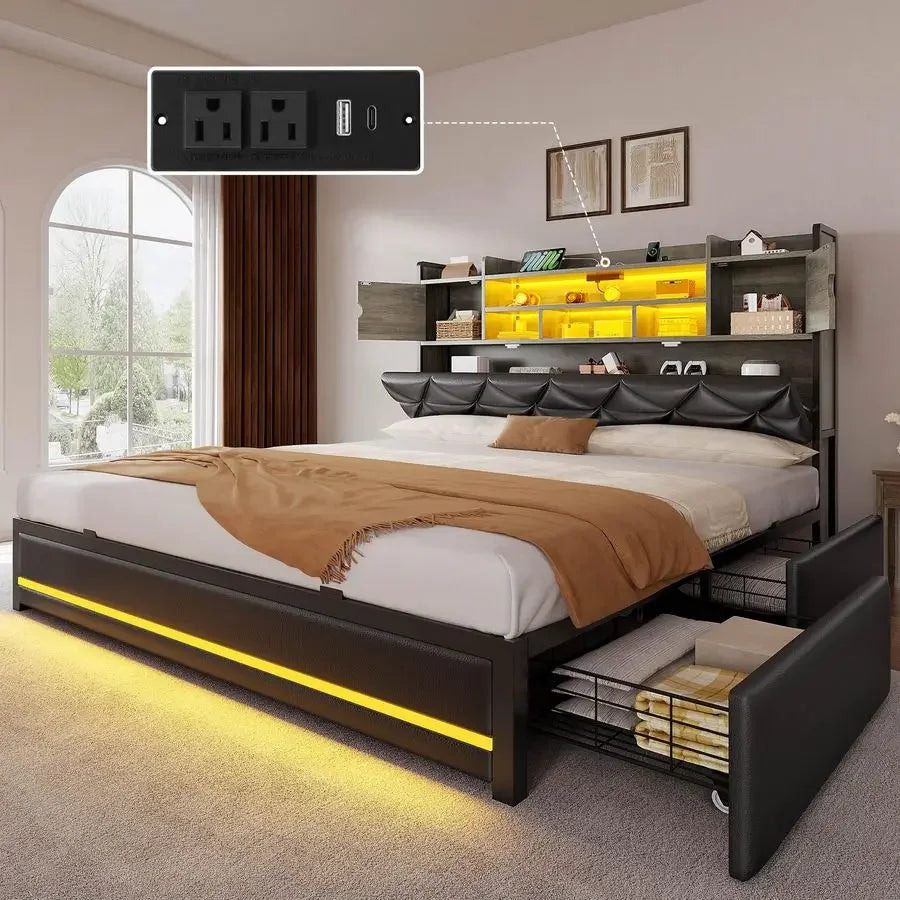 Queen Size Bed Frame with RGB LED Lights amp Storage Bookcase Headboard, Upholstered Bed with Charging Station and 4 Drawers, N
