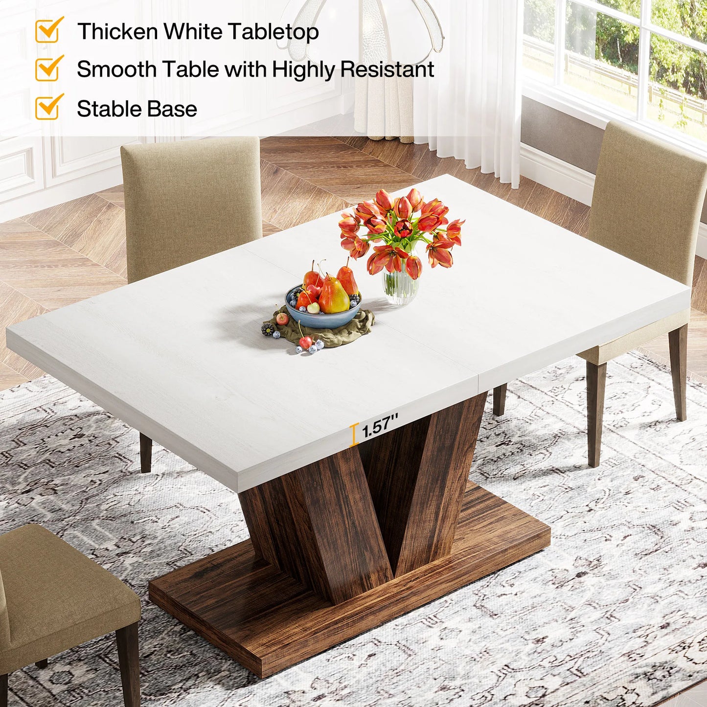 Tribesigns 47-Inch Dining Table for 4-6, White Kitchen Dinner Table with Heavy Duty Pedestal, Farmhouse Wooden Eating Table
