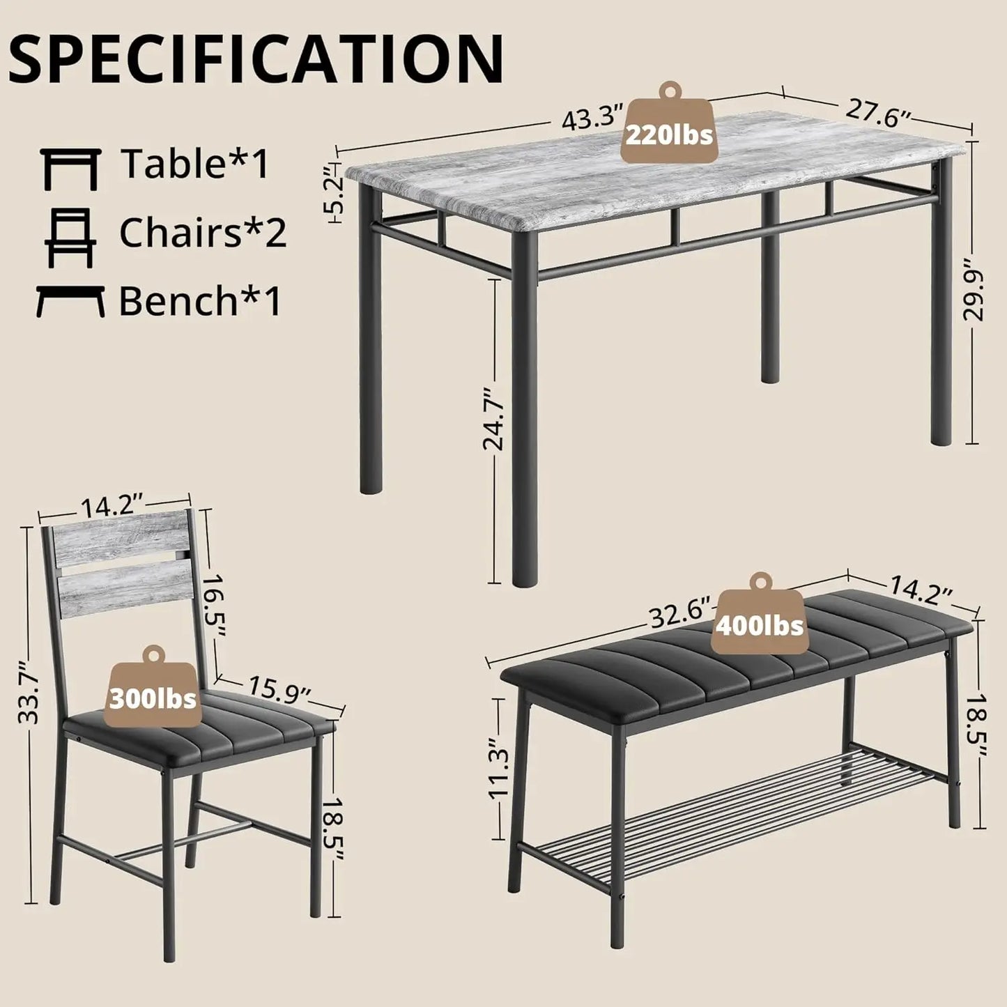IRONCK Dining Table Set With Upholstered Bench And Two Chairs