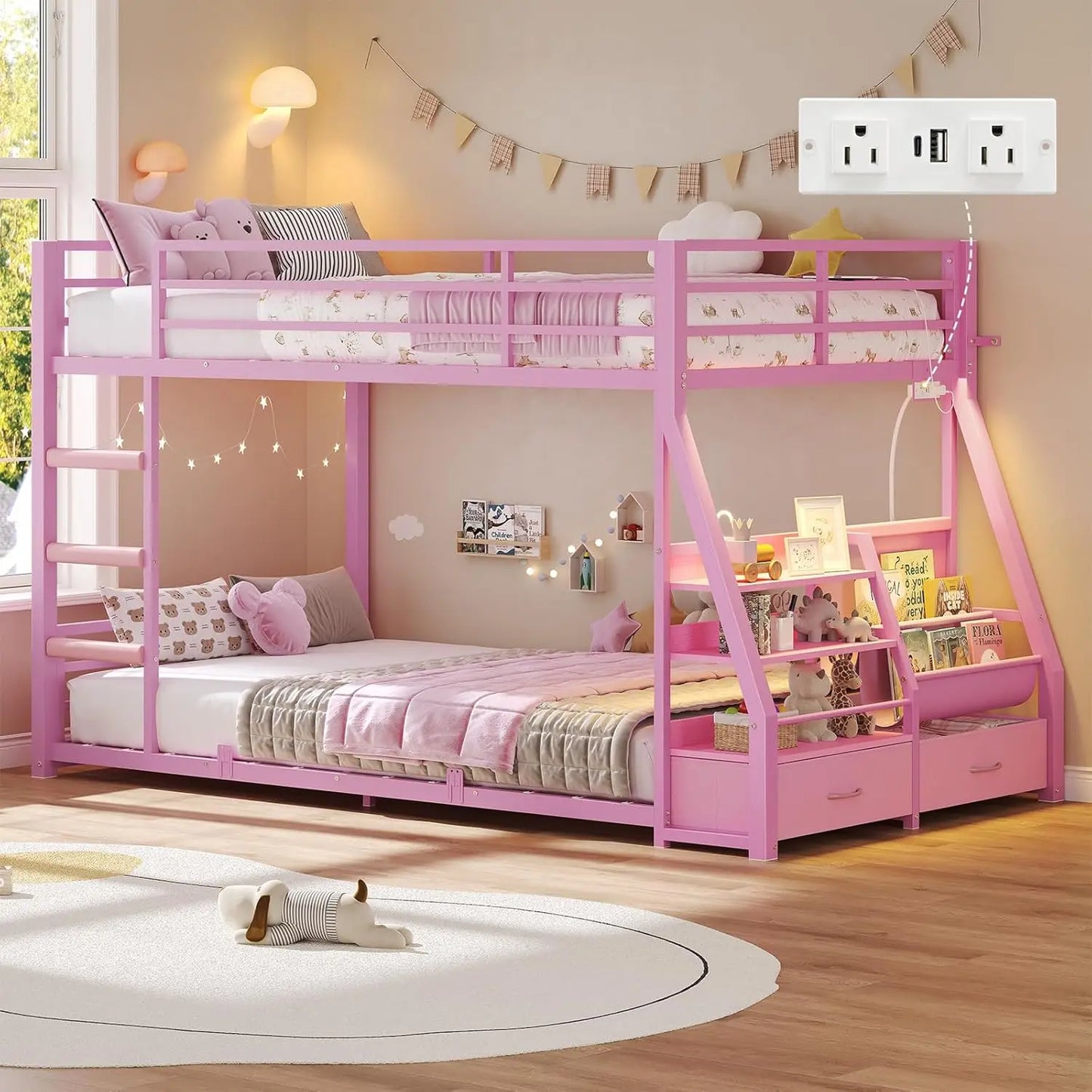 Low Bunk Bed With Bookshelves, Storage Drawers, Power Outlet, LED