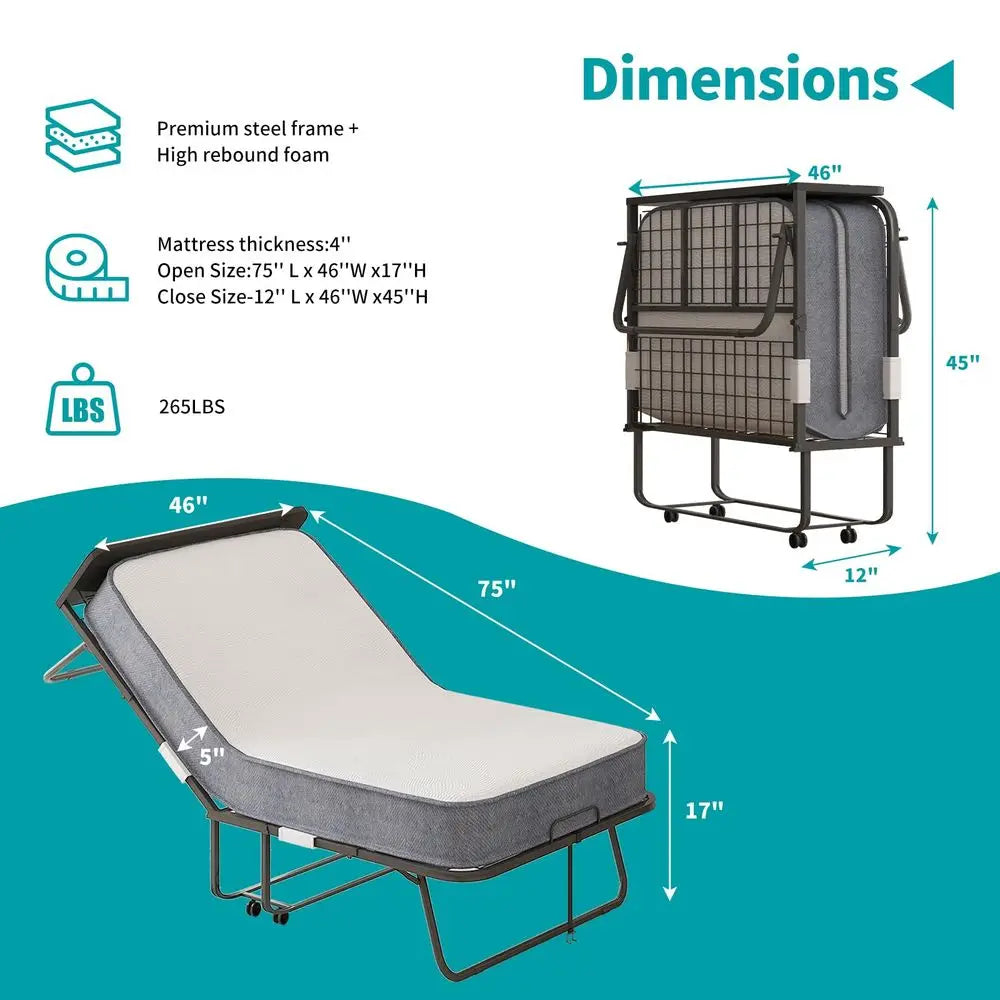 Rollaway Bed with Mattress for Adults, 75 x 46 Fold Up Bed with Headborad amp Dustproof Bag, Space Saving Rollaway Beds for Gue