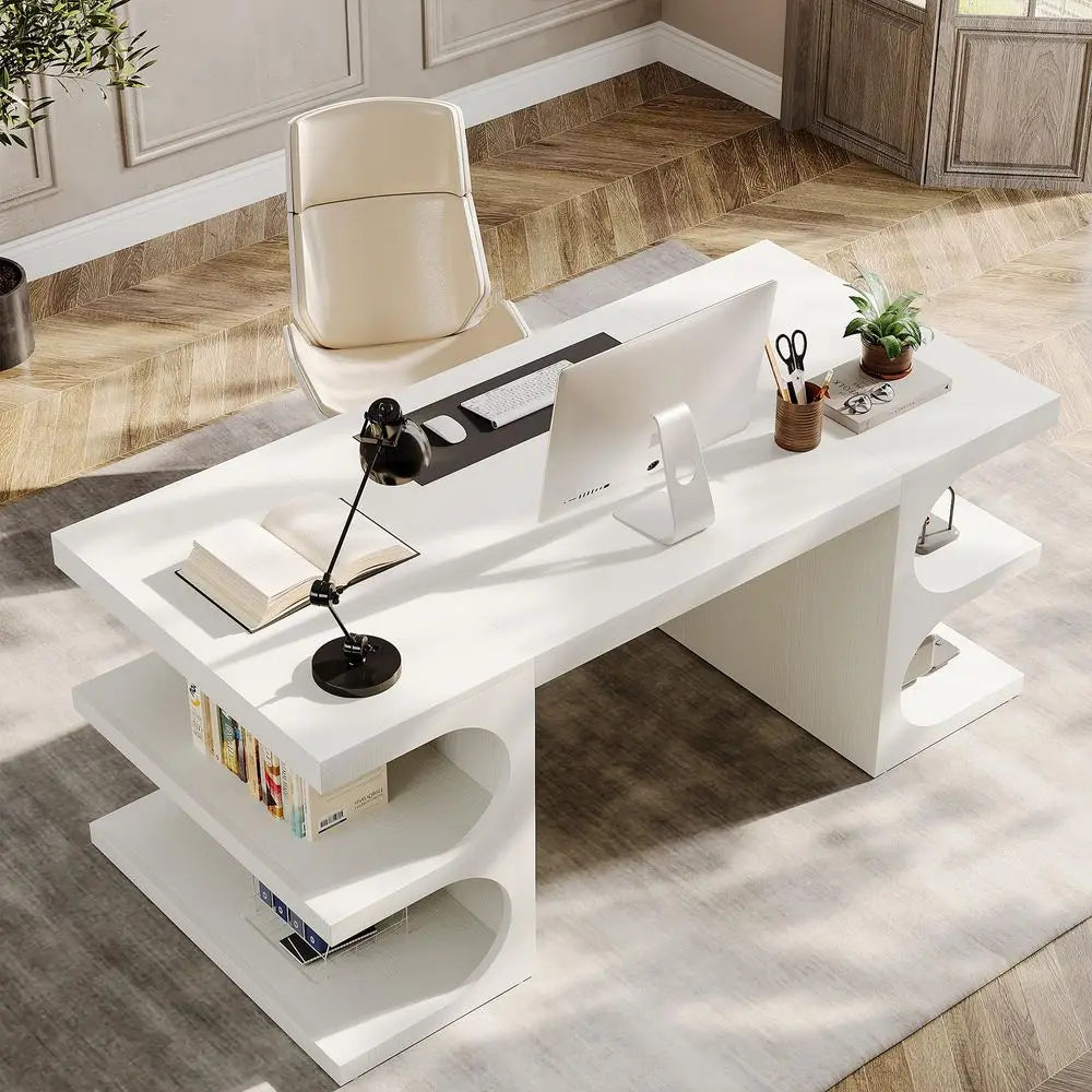 White Executive Office Desk, 63 Computer Desk with Storage Shelves, Modern Wood Study Writing Table, Large Workstation Business