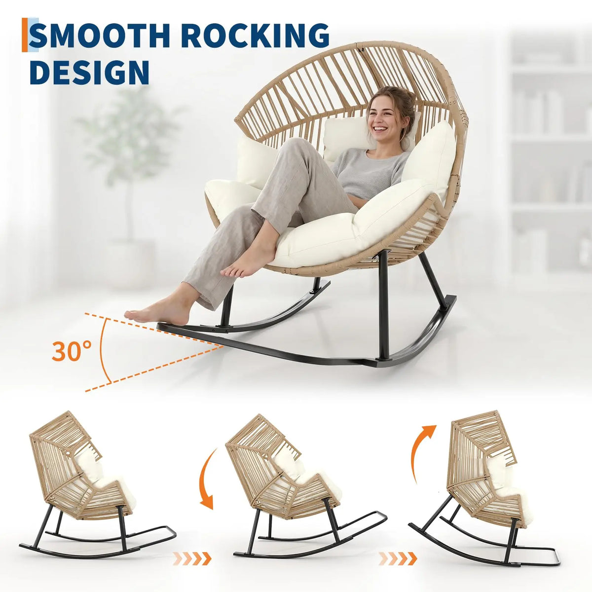 Papasan Rocking Chair Oversized Wicker Egg Lounge Seat With Soft 8'' Cushion, Ergonomic Rocker For Indoor Outdoor Patio Backyard