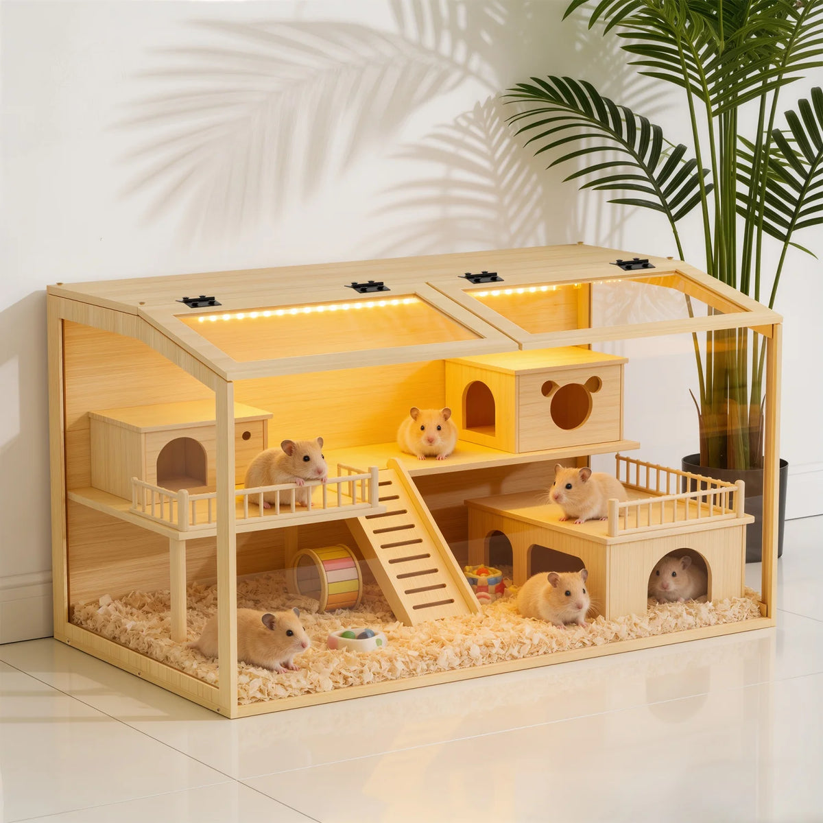 Natural Wooden Hamster Cage Habitat Dual Access Door Built-in Light Animal Cabinet Tabletop Hamsters Habitat for Small Pets