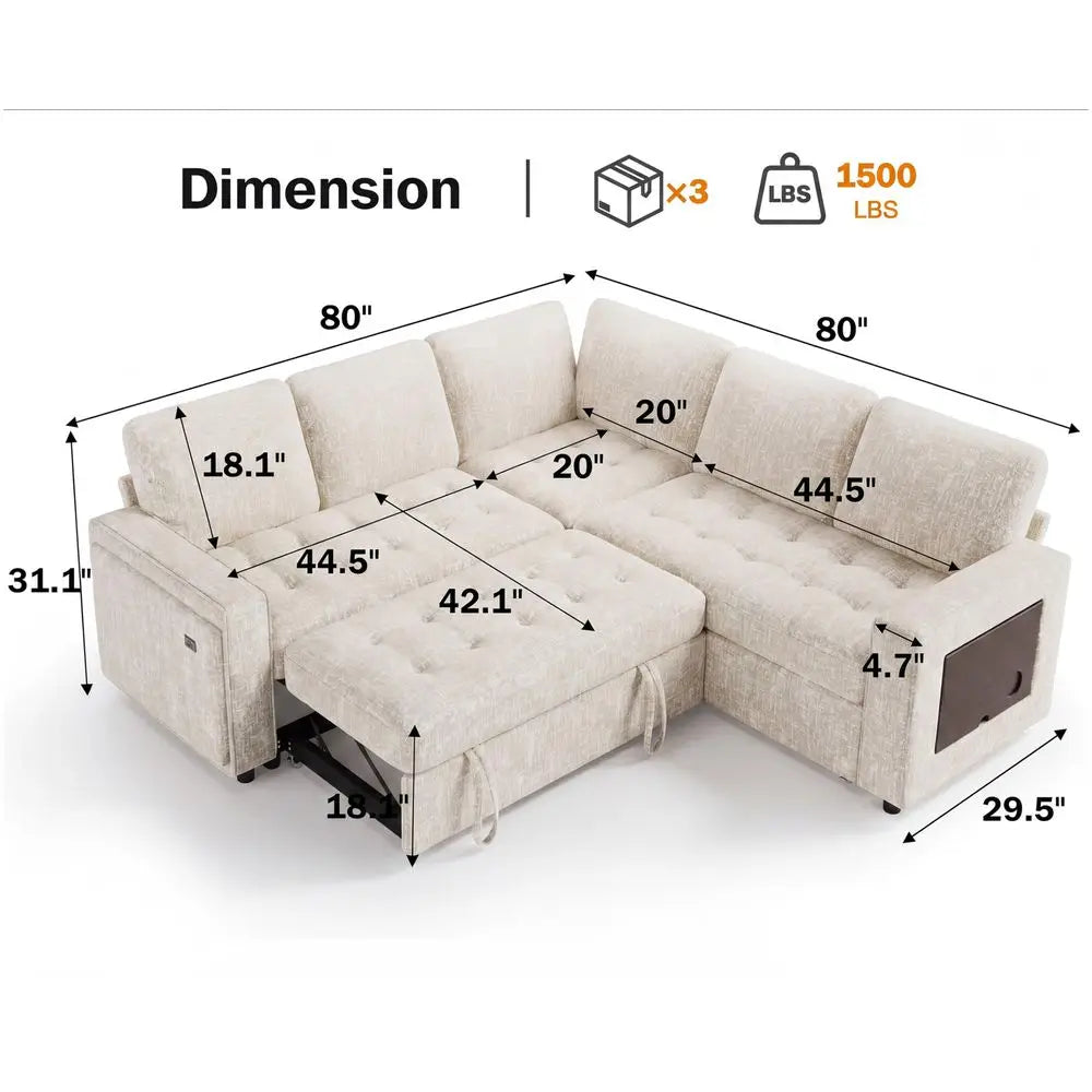 5 Seat L Shaped Modular Sectional Sleeper Sofa Bed with Pull Out Bed Reclining Backrest USB Ports Storage Seat, Sectional Sleep