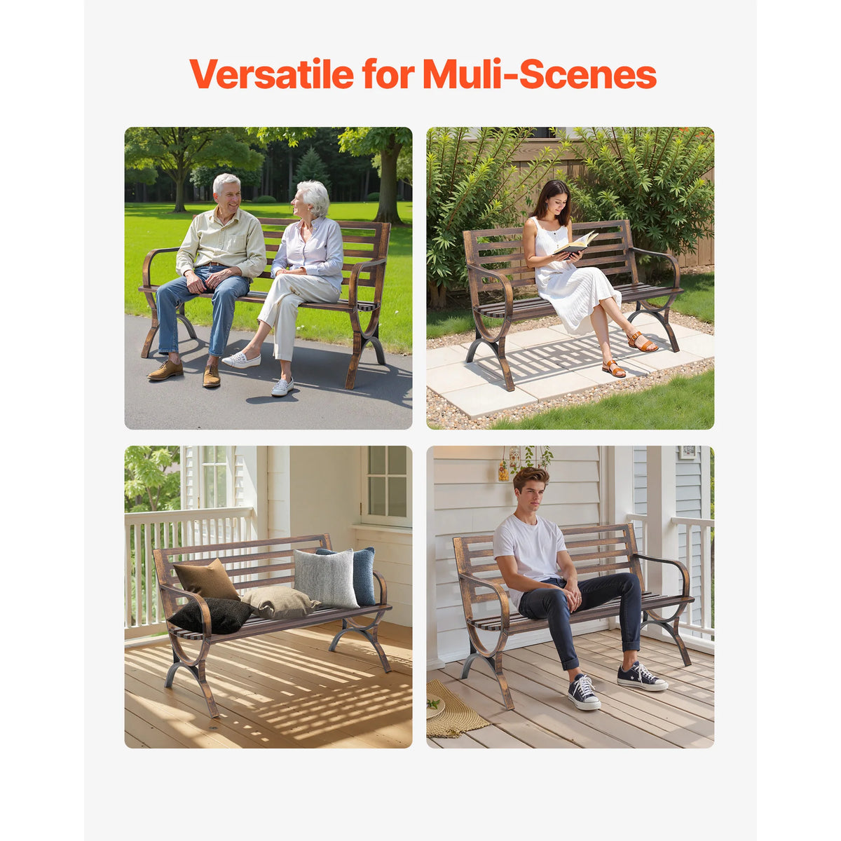 SucceBuy Outdoor Bench Carbon Steel Metal Frame with Backrest and Round Edge Armrests Weatherproof Outside Bench for Patio Park