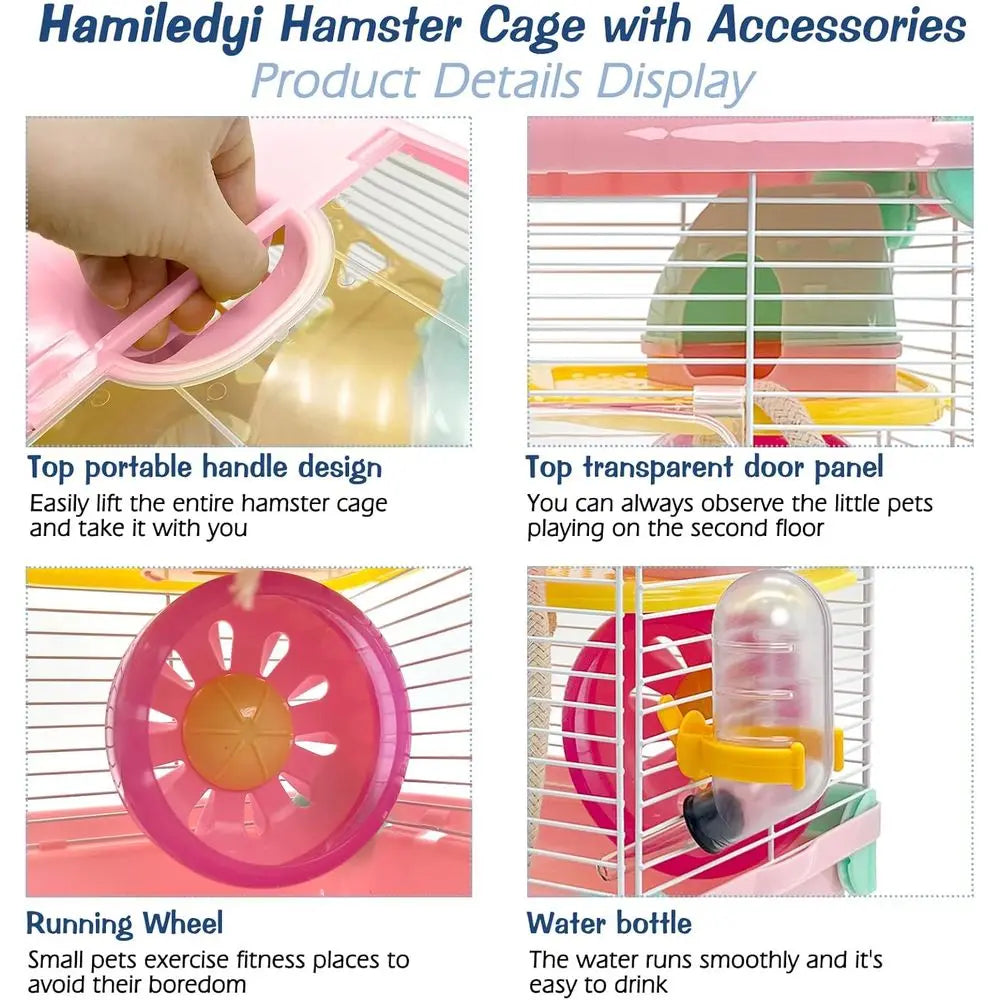 Portable 2 Layers Dwarf Hamster Habitat Small Animal Travel Cage with Exercise Wheel Enclosure for Hamsters, Mice, Gerbils, or O
